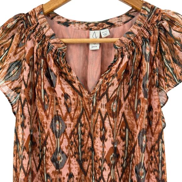Joie Watercolor Ikat Gold Metallic V-Neck Flutter Sleeve Pullover Blouse Cami XS - Picture 2 of 8